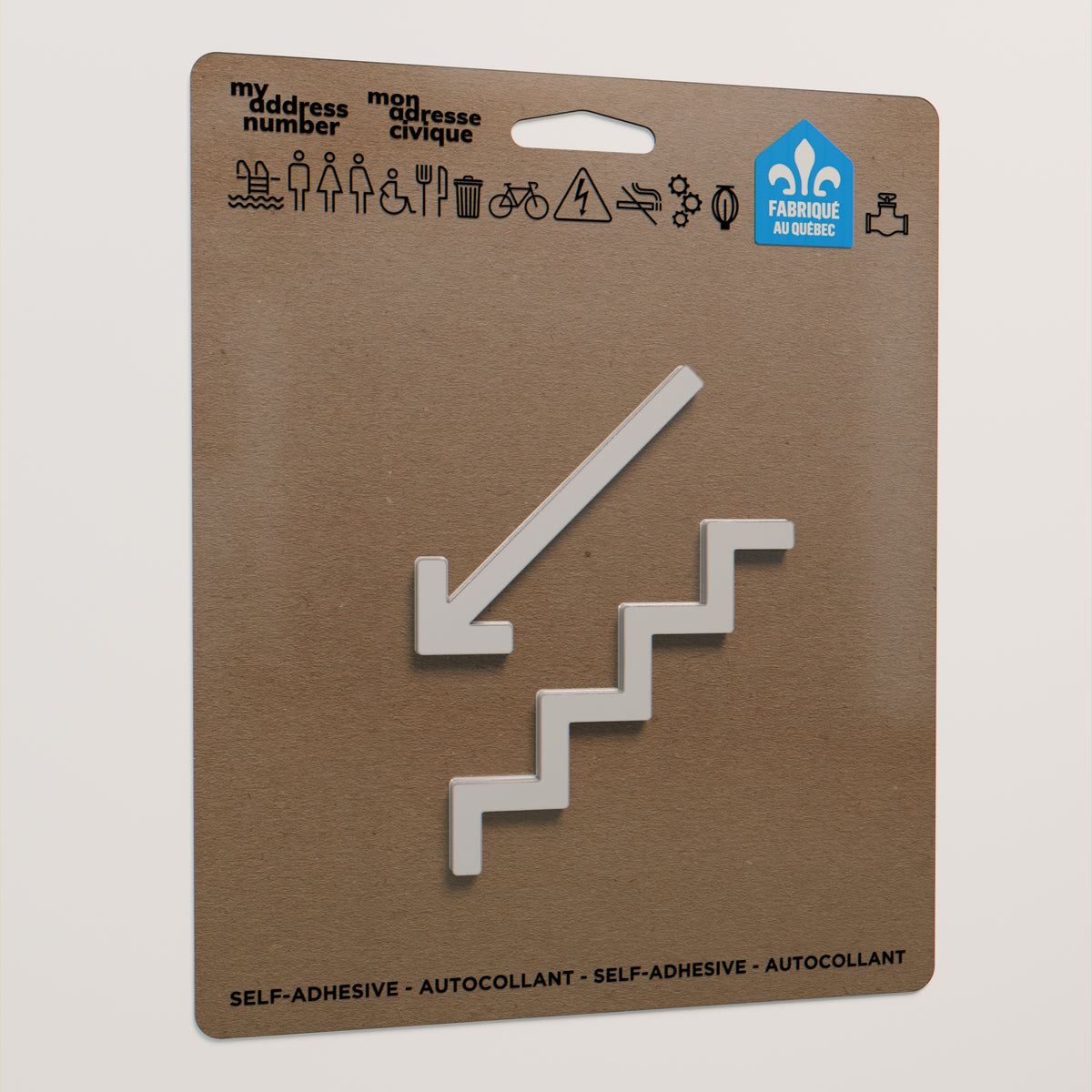Pictogramme Escalier descendant blanc dans son emballage